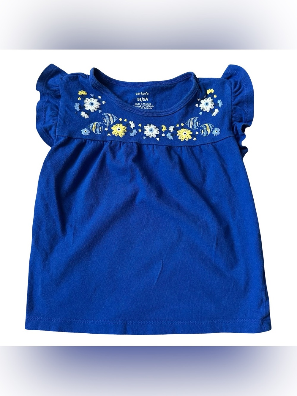 Carter's 5T Girls Blue cotton fish embroidery ruffled short sleeve shirt
